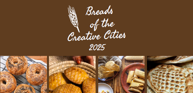 Cover of the 2025 Breads of the Creative Cities book featuring global bread recipes and cultural stories